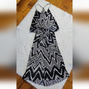 Misa Los Angeles Black White Print Tie Waist Halter Dress Slinky Cocktail Mini